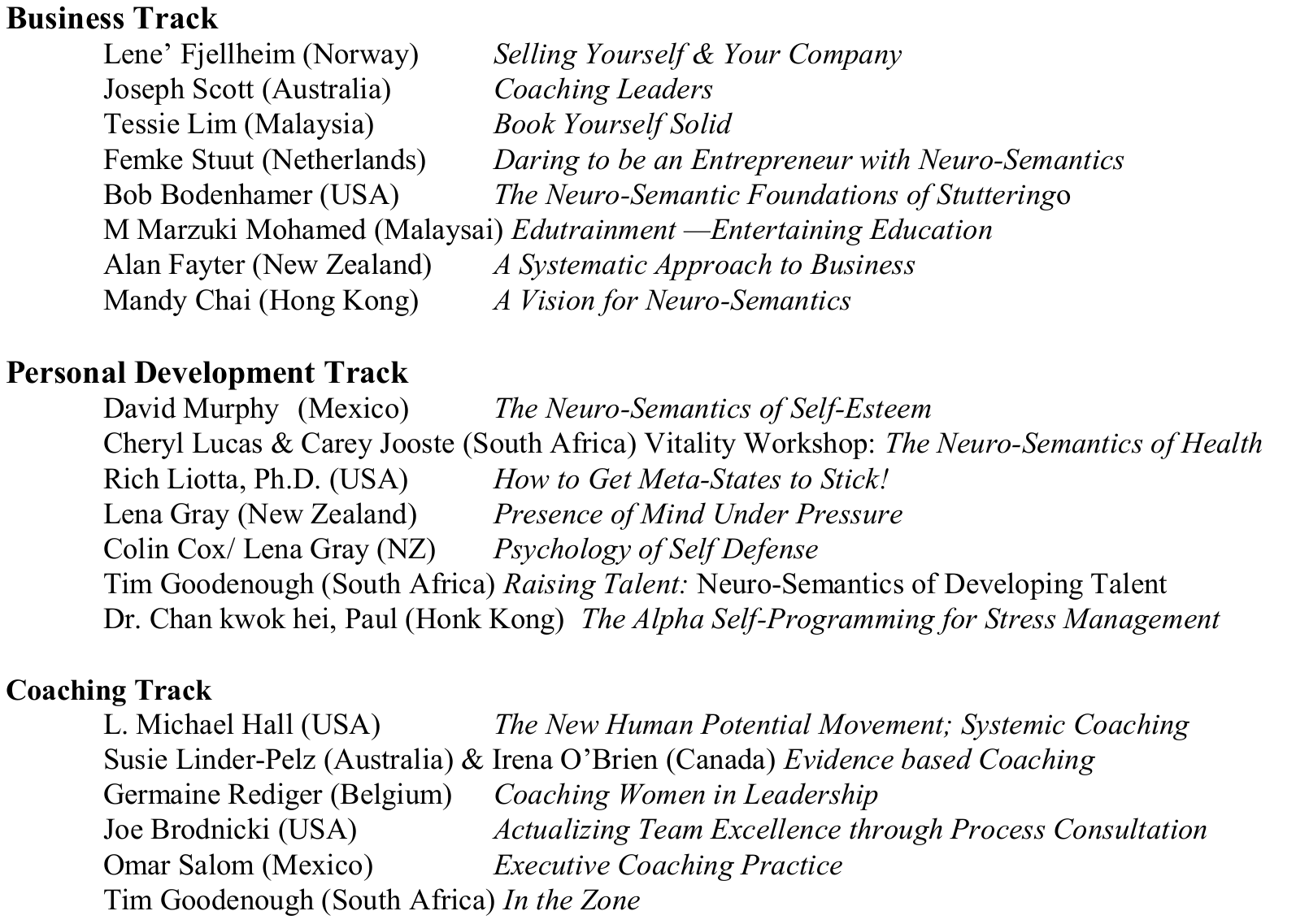 Original conference programme with Business, Personal Development and Coaching tracks, preserving all twenty-one speaker and session rows.