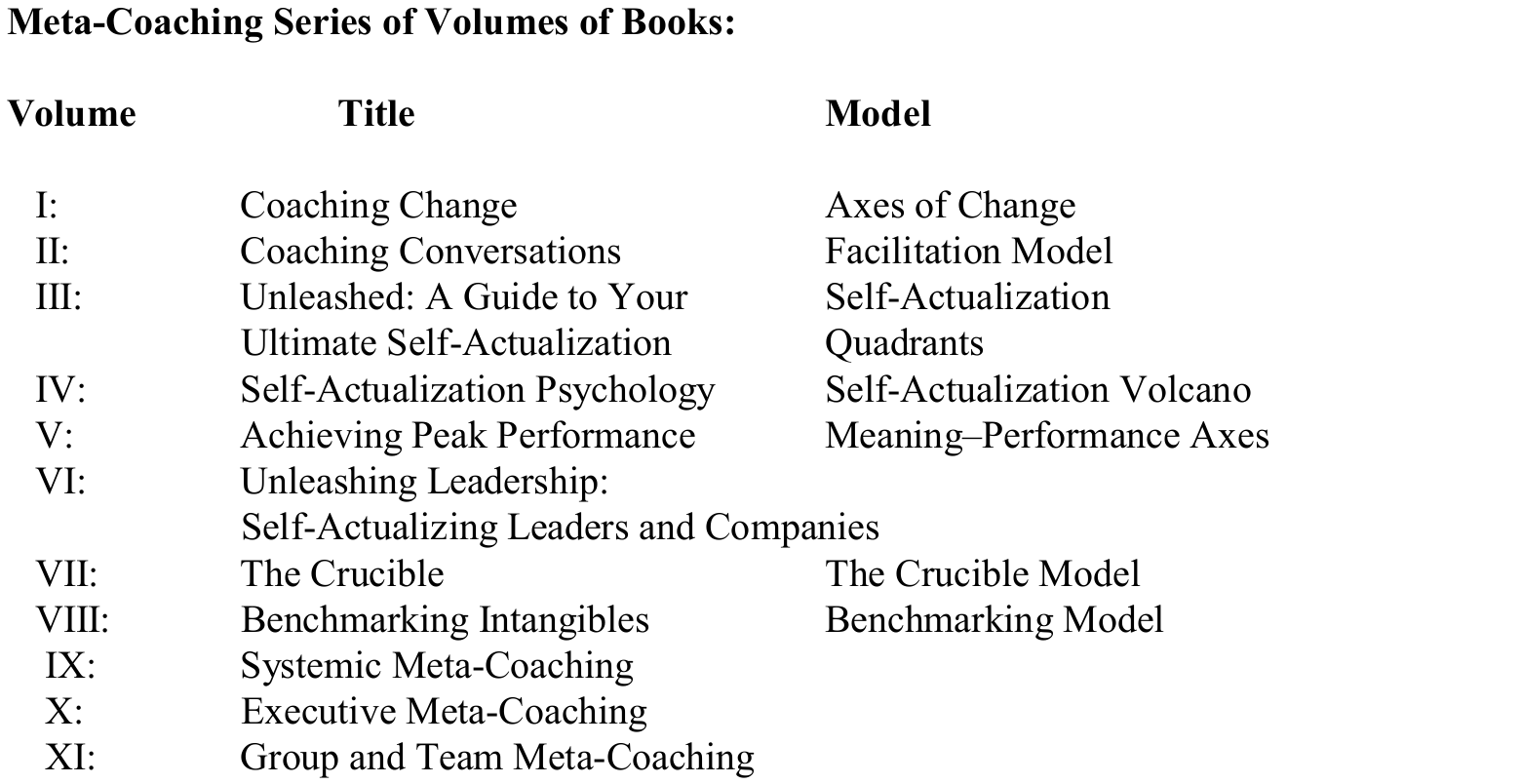 Original Meta-Coaching Series table with eleven volumes, titles and models.