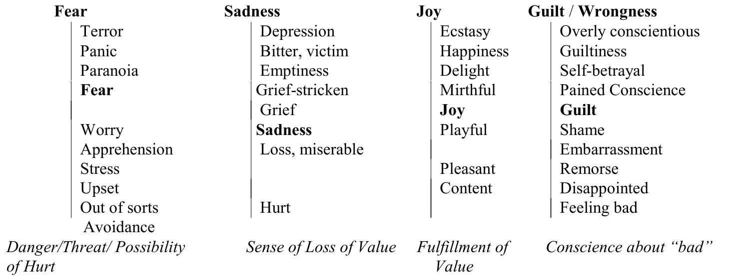 Original fear, sadness, joy and guilt continua, with all source positions, vertical lines, labels and the complete italic meaning statements below.