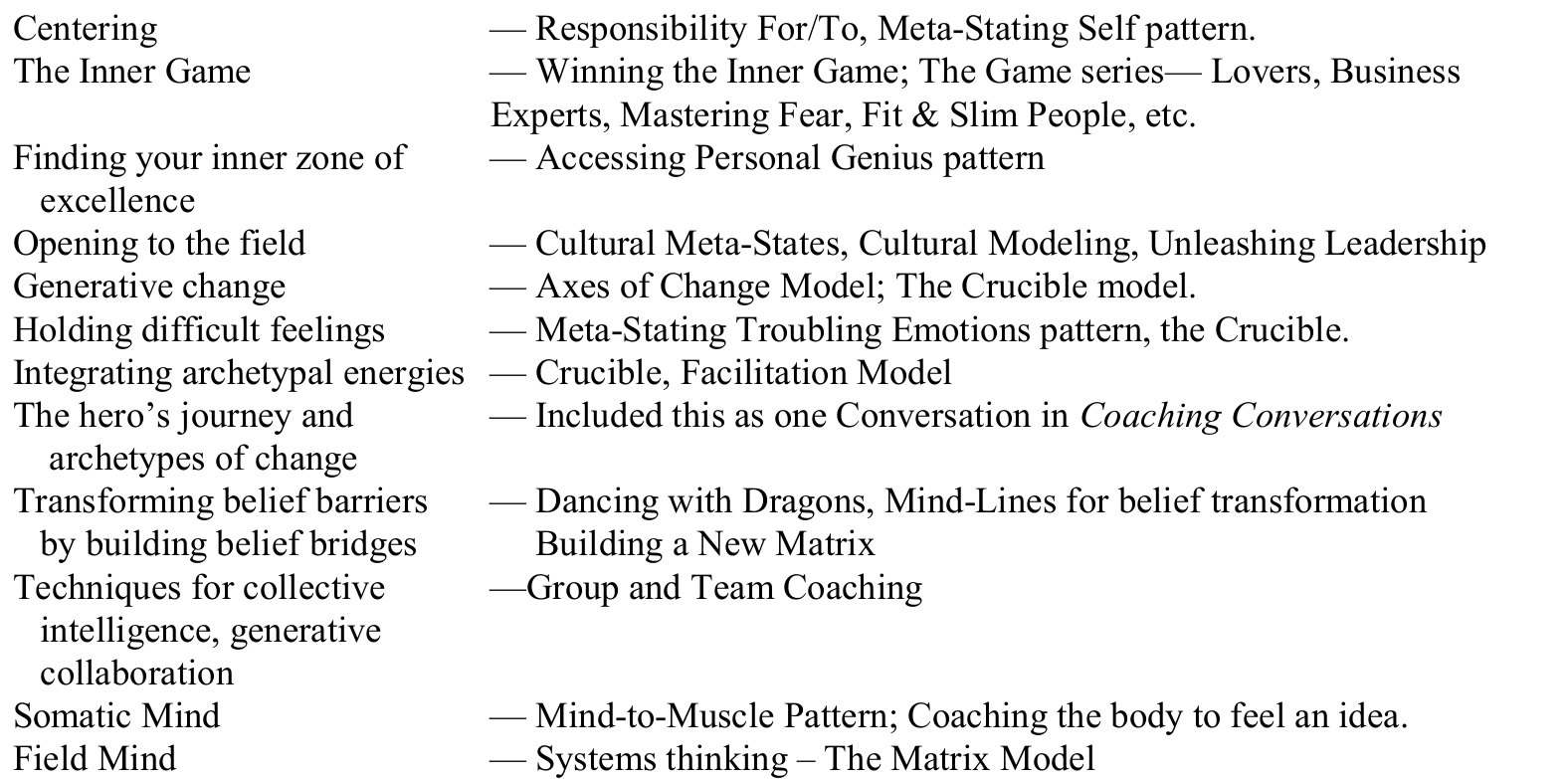 Original twelve-row comparison of Dilts criteria with Neuro-Semantic models and patterns, preserving each paired entry, wrapped continuation and source emphasis.