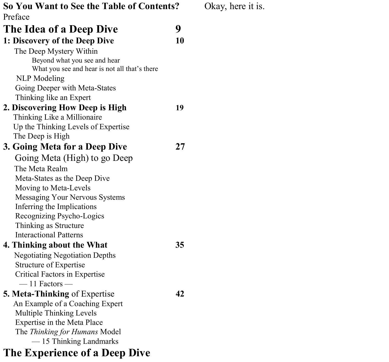 Original Deep Dive into Expertise contents, part 1 of 3. Complete chapter headings, subheadings, numbering, indentation and page references preserved from PDF page 88.