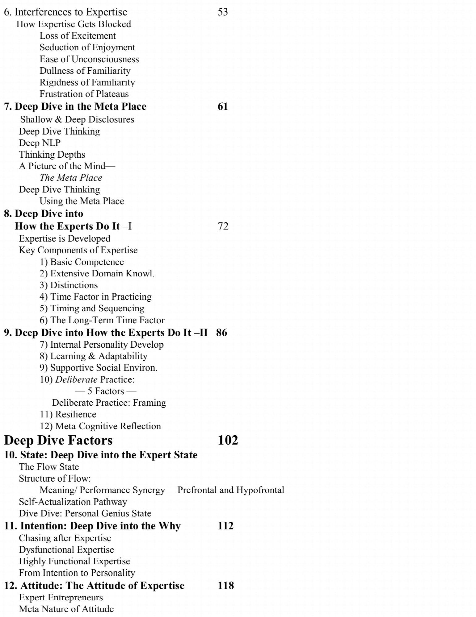 Original Deep Dive into Expertise contents, part 2 of 3. Complete chapter headings, subheadings, numbering, indentation and page references preserved from PDF page 89.