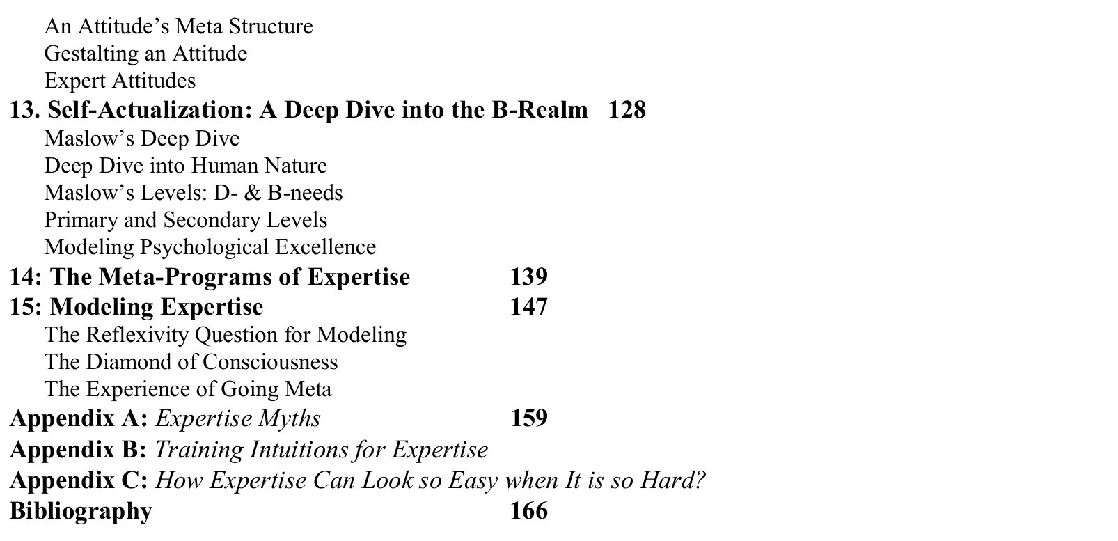 Original Deep Dive into Expertise contents, part 3 of 3. Complete chapter headings, subheadings, numbering, indentation and page references preserved from PDF page 90.