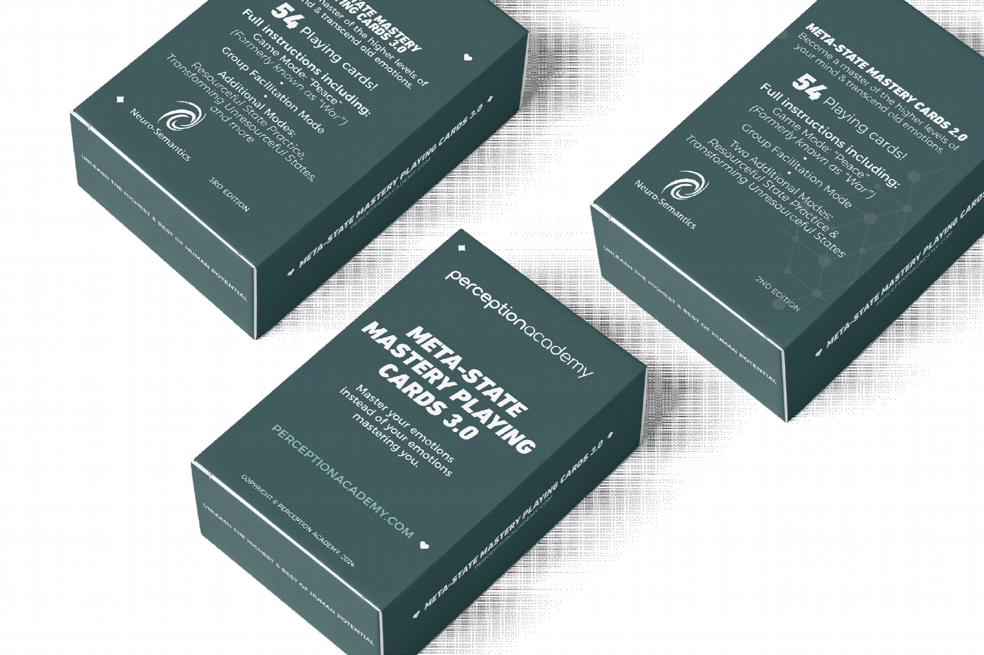 Complete original photograph of the Meta-State Mastery Playing Cards 3.0 boxes, printed in Jason Schneider’s article.