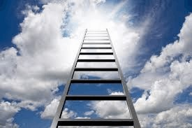 Original photograph of a ladder ascending into clouds, printed beside the explanation of symbolic cinematic features.