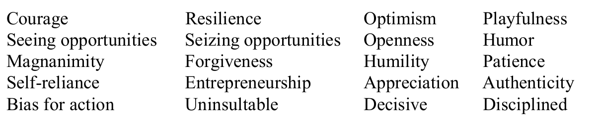 Original four-column list of attitudes, including Courage, Resilience, Optimism, Playfulness, Forgiveness, Openness, Humility, Patience and Authenticity.