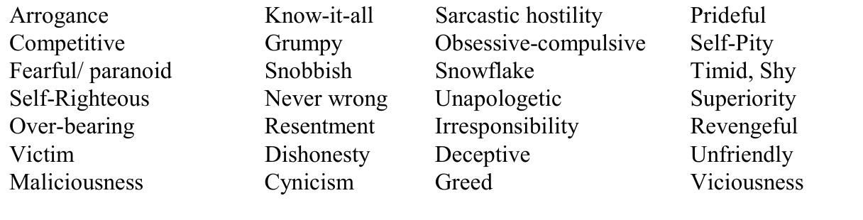 Original four-column list of negative attitudes, including Arrogance, Know-it-all, Sarcastic hostility, Prideful, Competitive, Grumpy, Self-Pity and Viciousness.