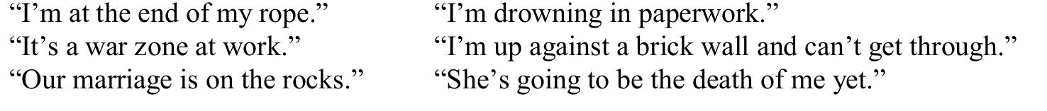 Six original metaphor examples in two columns, including end of my rope, drowning in paperwork, war zone at work, brick wall, marriage on the rocks and death of me.