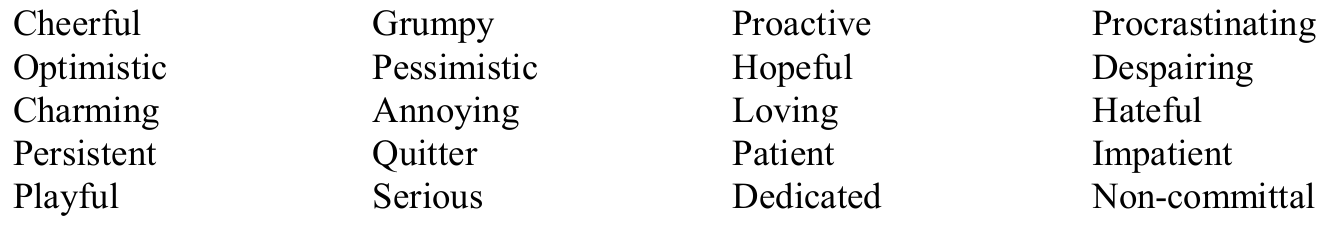 Original four-column attitude contrasts, from Cheerful / Grumpy and Proactive / Procrastinating to Playful / Serious and Dedicated / Non-committal.
