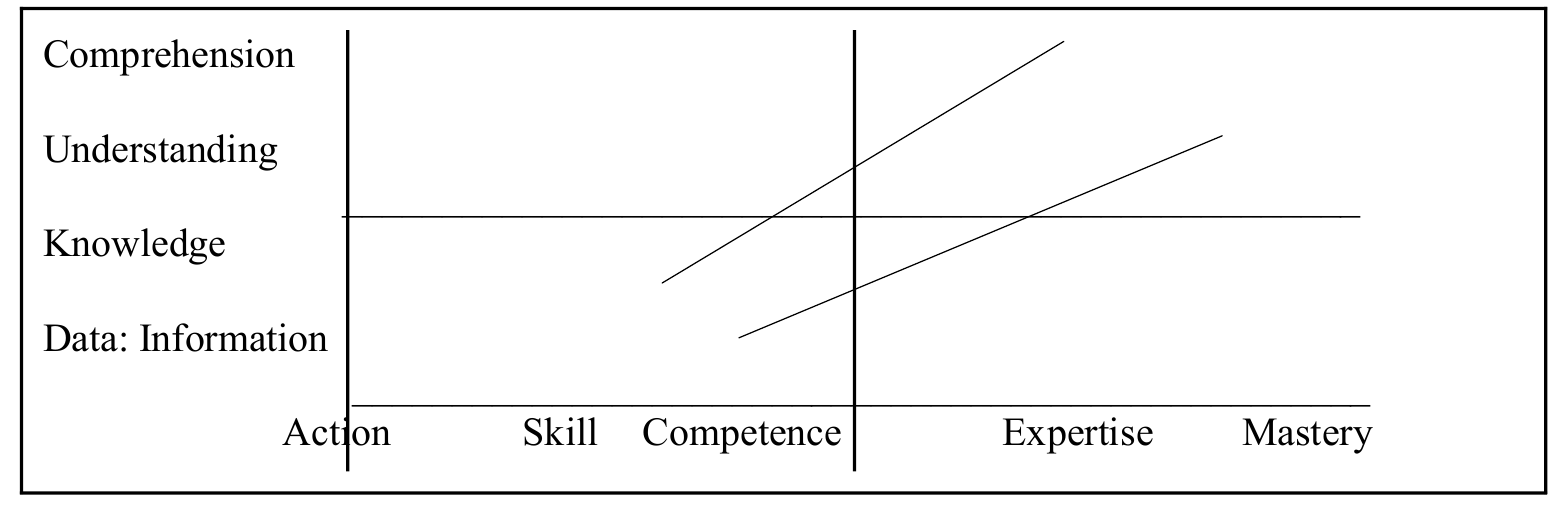 Original Meaning-Performance Axes, with Data: Information, Knowledge, Understanding and Comprehension vertically, and Action, Skill, Competence, Expertise and Mastery horizontally.