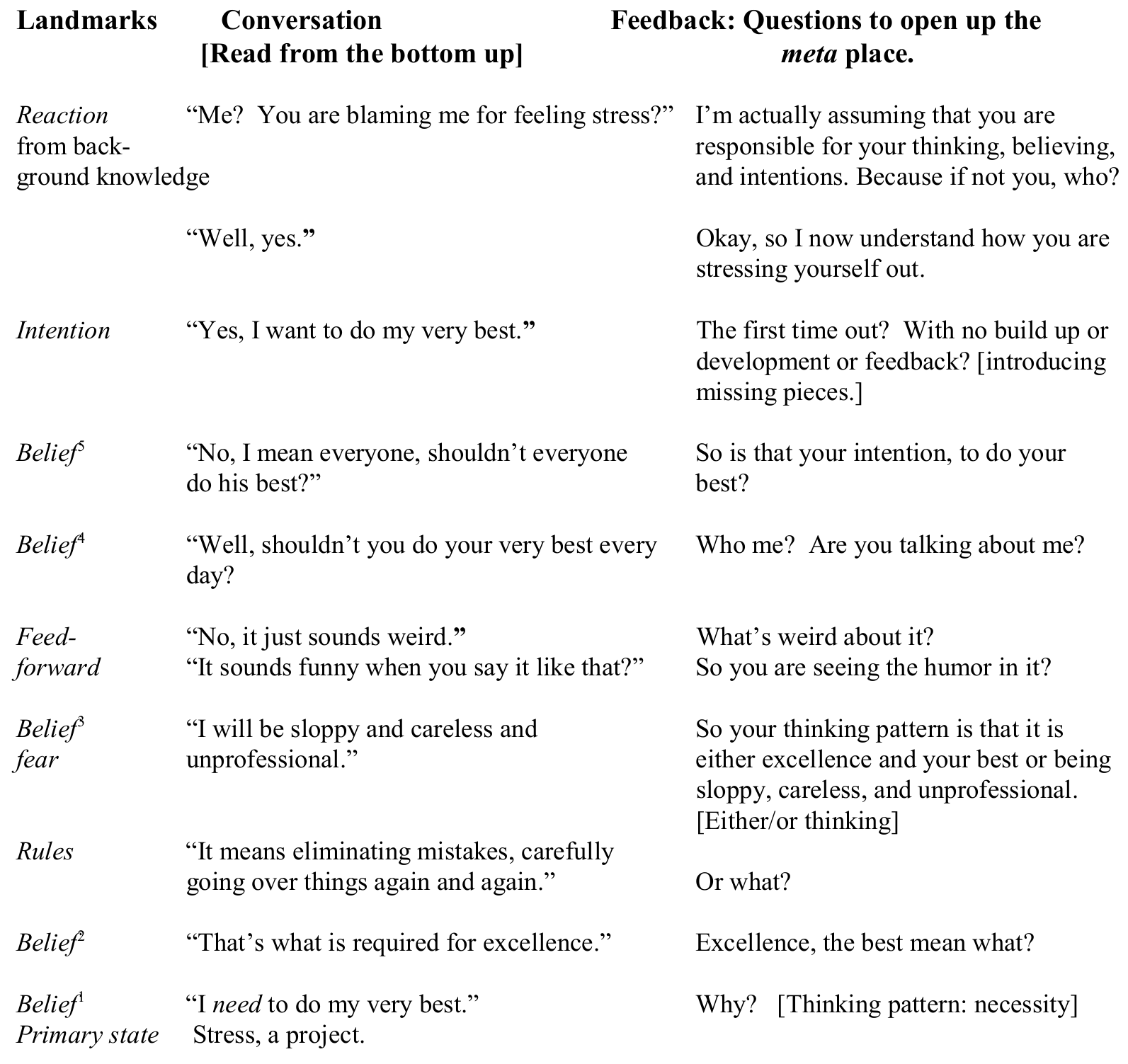 Original three-column coaching conversation table: landmarks, conversation read from the bottom up, and feedback questions opening the meta place.