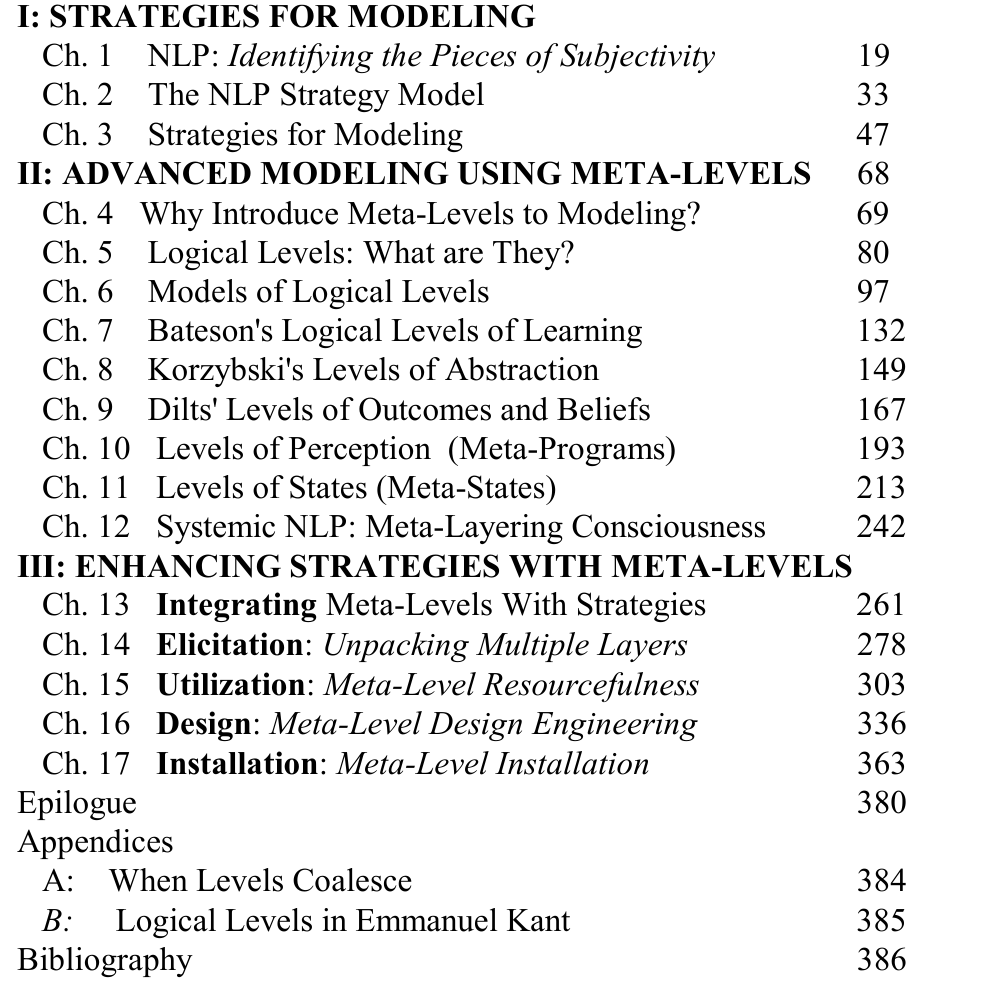 Original contents list for NLP: Going Meta, with its three sections, seventeen chapters, appendices and page numbers.