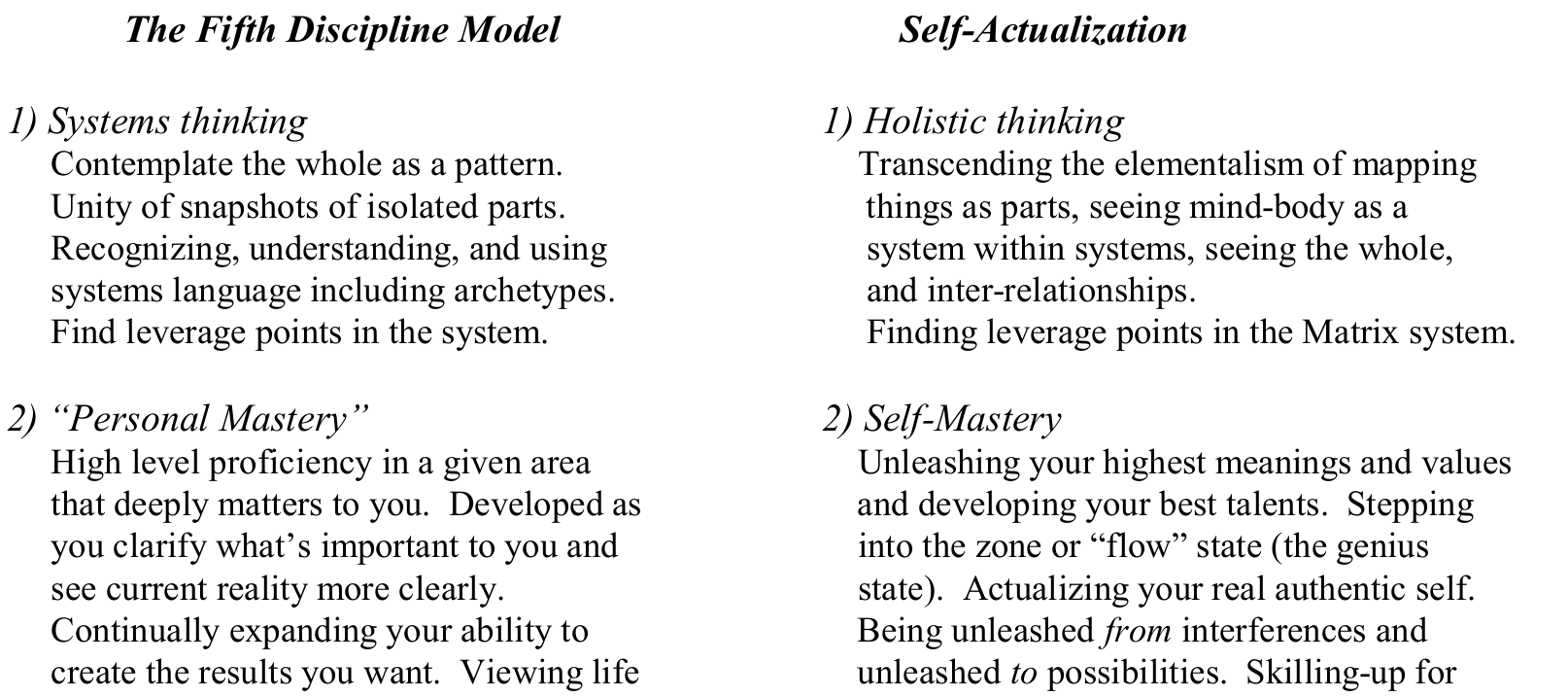 Original Fifth Discipline / Self-Actualization comparison, with both column titles, systems/holistic thinking and the first part of personal/self mastery.