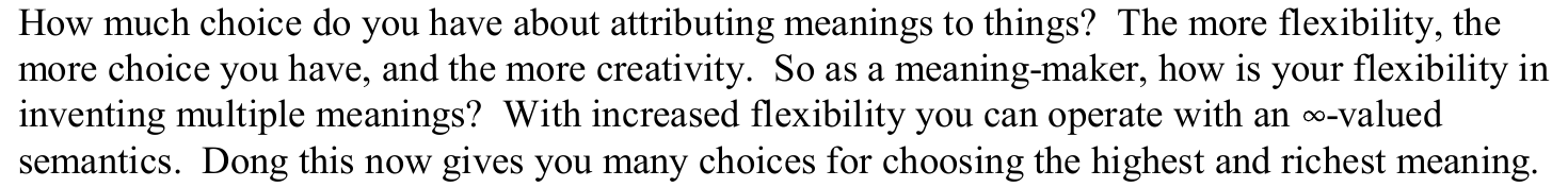 Original paragraph on flexibility of meaning-making, preserving the printed infinity symbol in ∞-valued semantics and all four source lines.