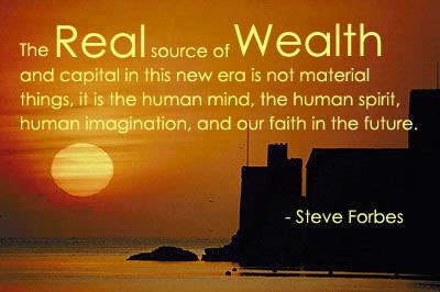 Sunset over a fortress, with Steve Forbes’s quotation about the human mind as the source of wealth.