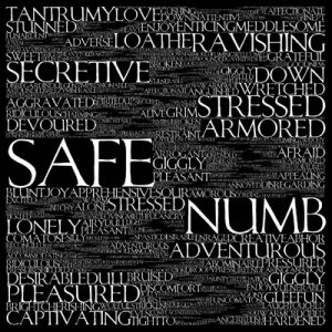 Original black-and-white word cloud of emotion and feeling words.