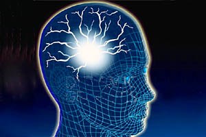 Original illustration of a blue human head with a bright flash of insight.