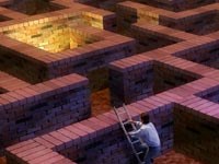 Original Brain Game illustration: a person with a ladder beside a brick maze, with a light glowing within the maze.