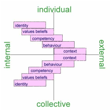 Original Neuro-Logical Levels across the Four Quadrants: context, behaviour, competency, values and beliefs, and identity.