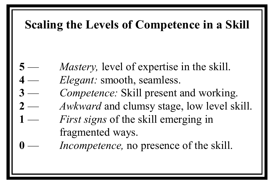 Six levels of competence from no skill at zero to mastery at five.